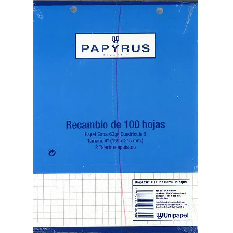 Comprar Recambio de 100 Hojas Cuartilla 63G Cuadrícula 6MM 2 Taladros Apaisado PAPYRUS UNIPAPEL